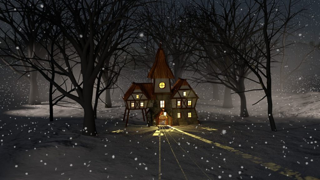 Ein fotorealistisches Rendering eines märchenhaften, von innen erleuchteten Hauses im Schneegestöber in einem dunklen Wald