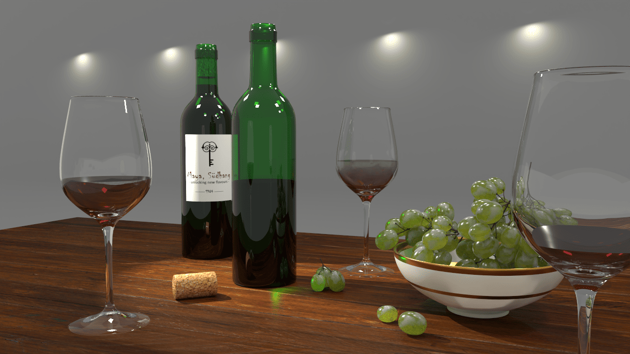 Ein fotorealistisches Rendering einer Tischszene im Inneren mit Weinflaschen - eine davon geöffnet und halb geleert - und Weingläsern sowie Weintrauben in Goldrandschüssel. Im Hintergrund Lichteffekte an Wand.