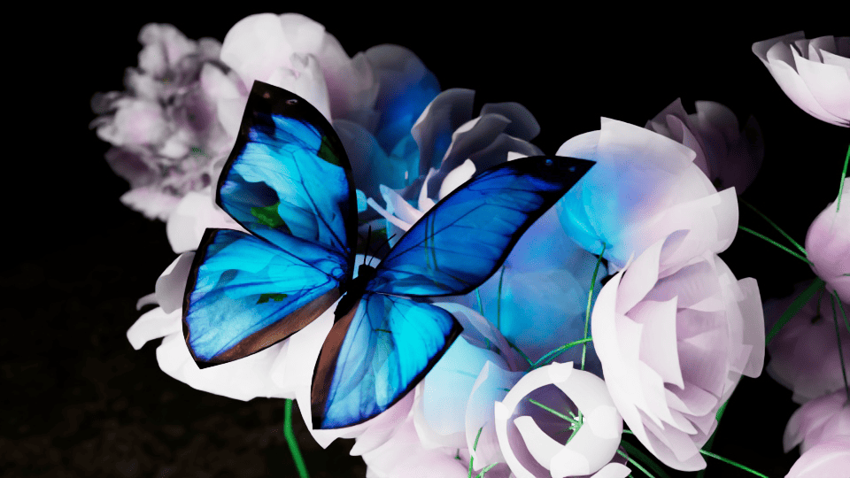 Ein Rendering eines blauen Schmetterlings auf stilisierten rosa Blüten; das Licht fällt durch die halbtransparenten Flügel und wirft ein blaues Lichtspiel auf die Blüten. Der Hintergrund verschwindet in schwarzer Dunkelheit.