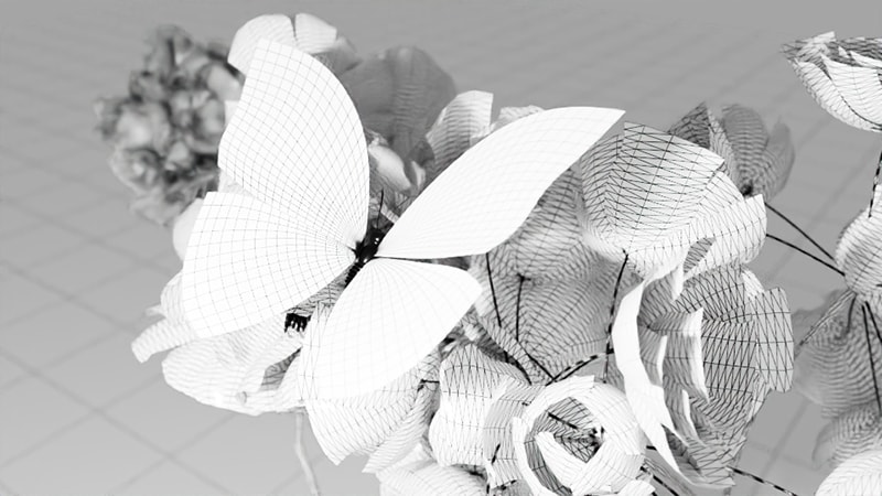 Ein fotorealistisches Rendering eines 3D-Modells eines Schmetterlings auf Blumenbouquet; zur Illustration der Geometrie sind alle Objekte mit Wireframe-Shader (Drahtmodell-Shader) versehen.