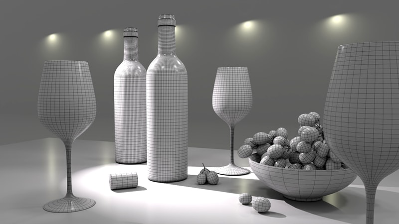Ein fotorealistisches Rendering eines 3D-Modells einer Weinszene; zur Illustration der Geometrie sind alle Objekte mit Wireframe-Shader (Drahtmodell-Shader) versehen.